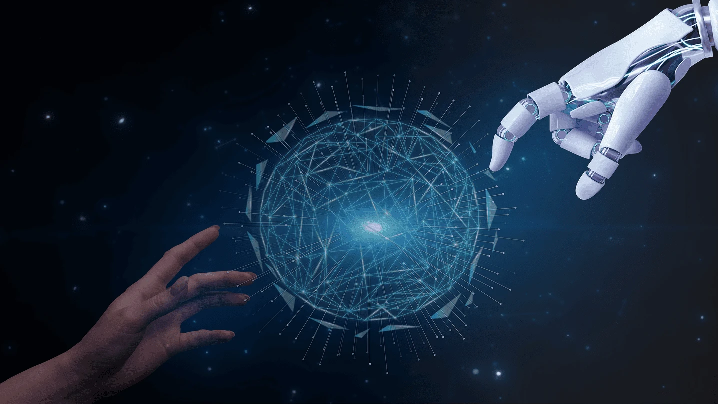 Mano humana y mano robótica conectándose a través de una esfera digital